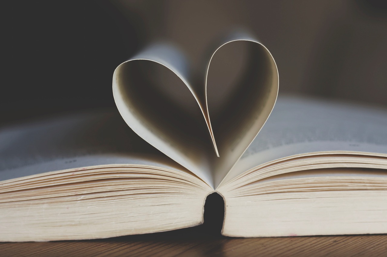 serce zrobione z kartek książki, miłość do czytania, miłość do książek, kącik do czytania
